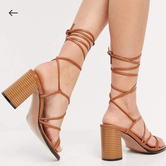 🍋🍊ASOS Waterlily Tie Leg Mid Heeled Sandals In Tan🍋🍊 - Picture 3 of 8
